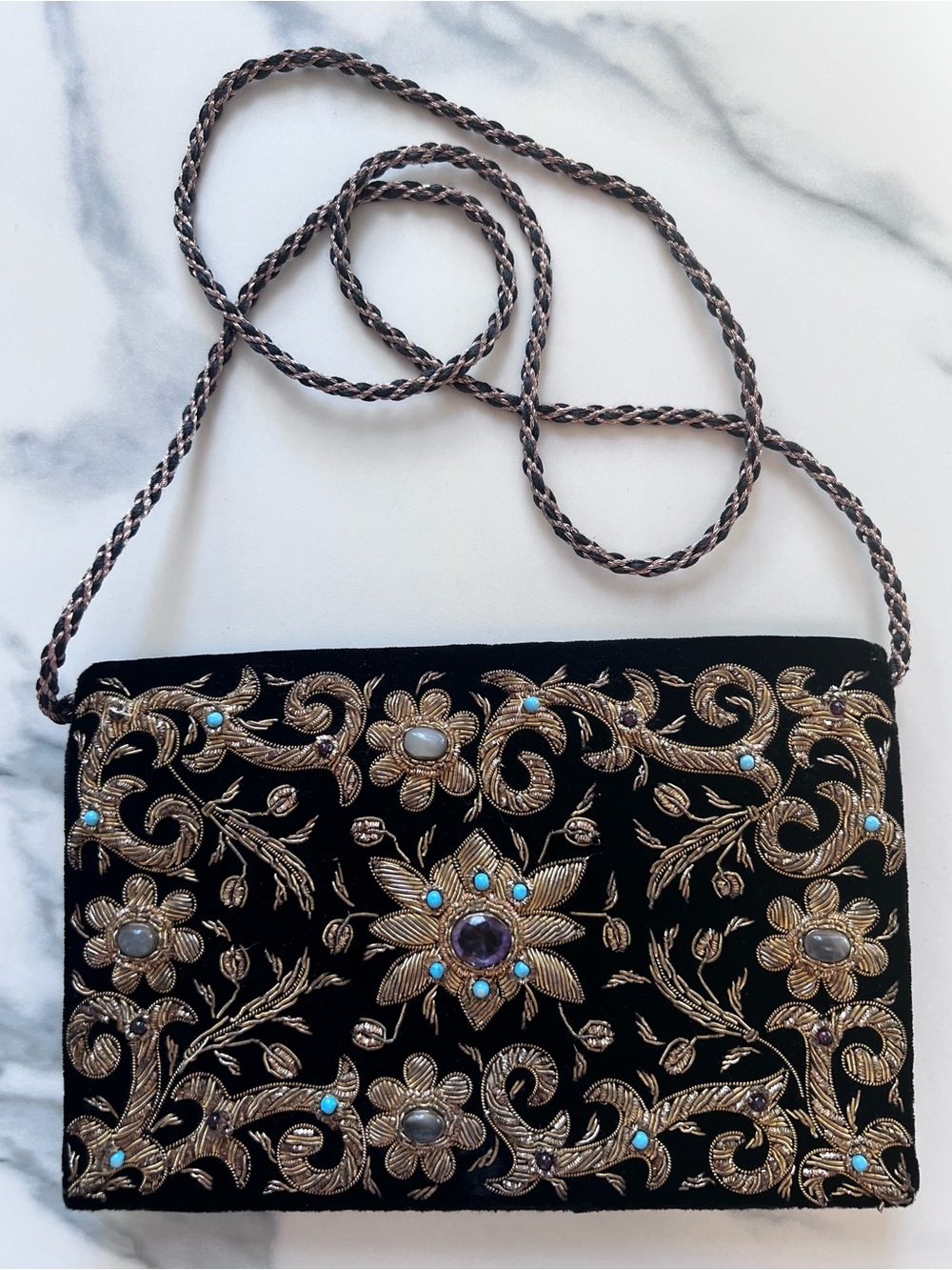 Vintage Black Velvet Evening Clutch Zardozi Embroidery & Authentic Gemstones